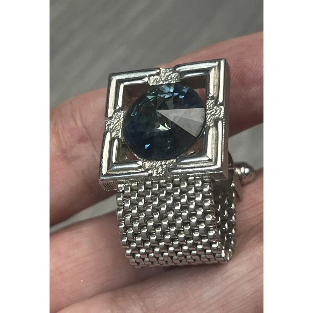 Vintage Men's Cufflinks Silver-Tone Mesh Faceted Blue Stone Square Frame‎